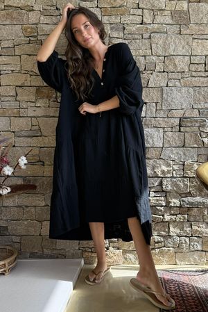 Dusk Bubble Cotton Tiered Dress Black