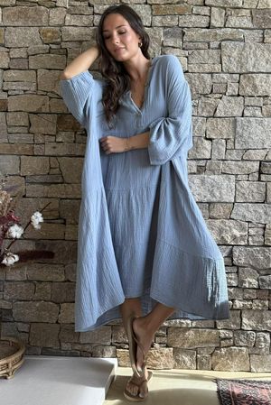 Dusk Bubble Cotton Tiered Dress Bridgerton Blue