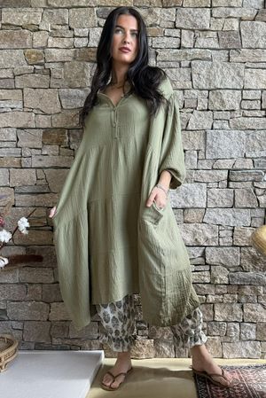 Dusk Bubble Cotton Tiered Dress Olive