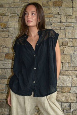 Elsie Pure Cotton Cap Sleeve Blouse Black