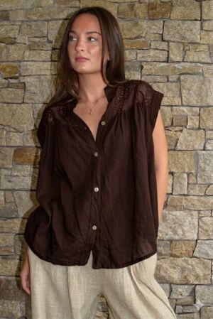 Elsie Pure Cotton Cap Sleeve Blouse Chocolate