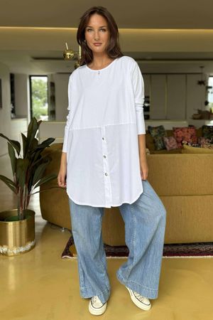 Essential Body Stretch Cotton Button Faux Shirt White `