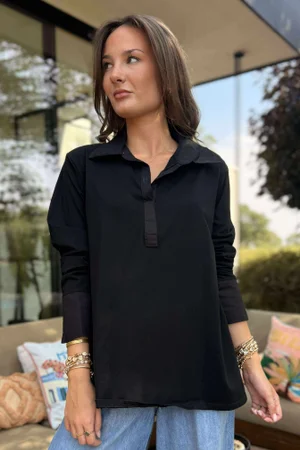 Essential Body Stretch Cotton Collar & Cuff Shirt Black `