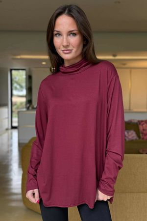 Essential Fine Jersey Polo Neck Top Burgundy