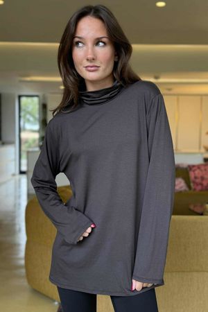 Essential Fine Jersey Polo Neck Top Chocolate