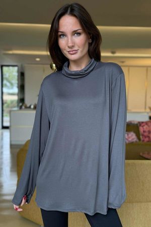 Essential Fine Jersey Polo Neck Top Graphite