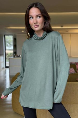 Essential Fine Jersey Polo Neck Top Khaki 