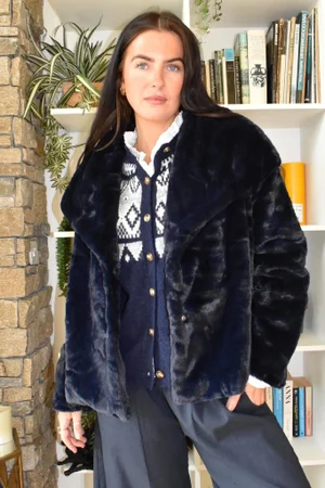 Mara Luxury Faux Fur Waterfall Jacket Navy 