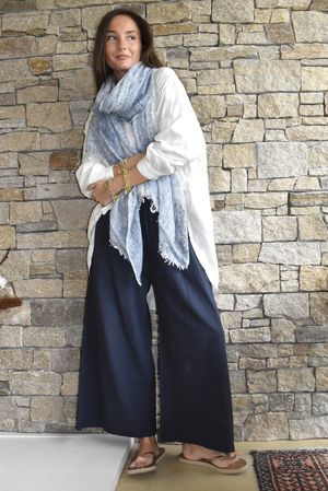 Frame Cotton Shirring Waist Wide Leg Pant Navy