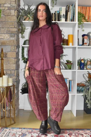 Heritage Needlecord Plaid Relaxed Barrel Pant Aubergine & Indian Pink