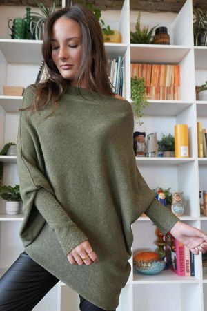 Huggle Asymmetric Draped Knit Jumper Khaki Marl