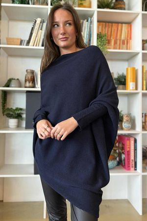 Huggle Asymmetric Draped Knit Jumper Navy 