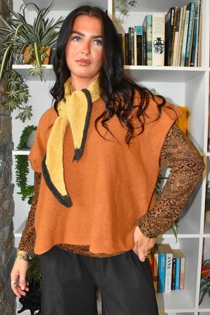 Jonti Border Knit Neckerchief Scarf Soft Ochre & Chocolate