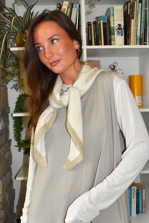 Jonti Border Knit Neckerchief Scarf Ecru & Oatmeal