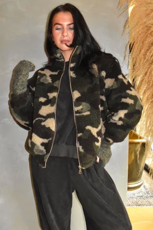 Kit Camo Sherpa Funnel Neck Bomber Jacket Khaki