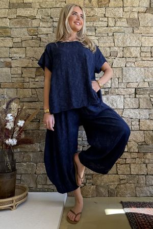 Lalli Damask 7/8 Barrel Leg Pant Navy