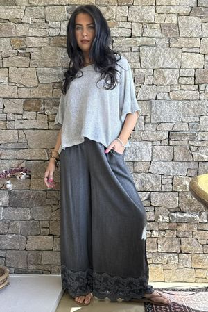 Lin & Lace Linen Blend Wide Leg Pants Washed Charcoal