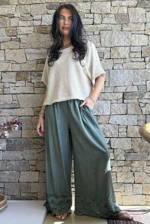 Lin & Lace Linen Blend Wide Leg Pants Washed Moss