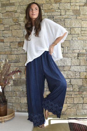 Lin & Lace Linen Blend Wide Leg Pants Washed Navy