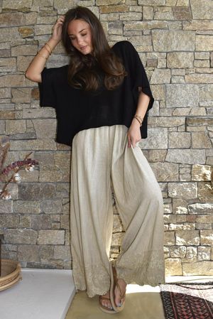 Lin & Lace Linen Blend Wide Leg Pants Washed Sandstone