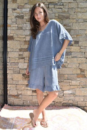Lina Linen Blend Smock Top Washed Denim