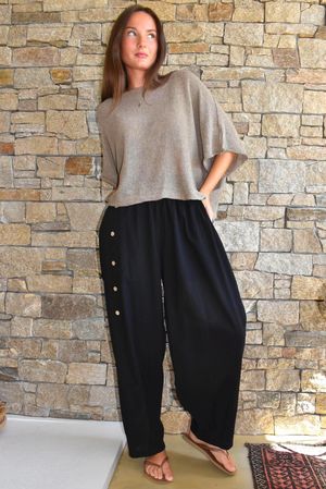 Linden Linen Blend Button Barrel Pant Black