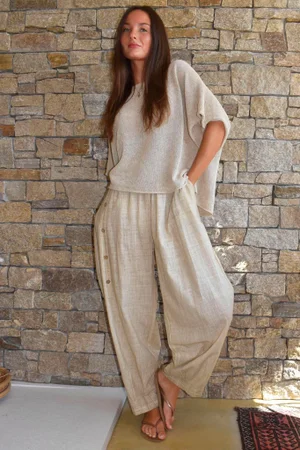 Lindin Linen Blend Button Barrel Pant Washed Sandstone