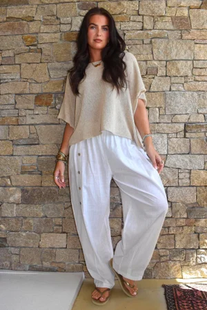 Lindin Linen Blend Button Barrel Pant White