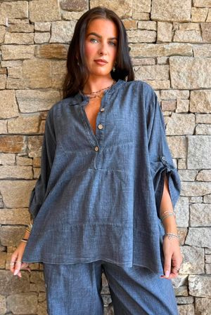 Lindin Linen Blend Button Smock Top Washed Navy