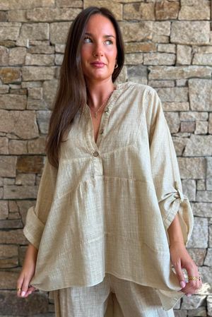 Lindin Linen Blend Button Smock Top Washed Sandstone