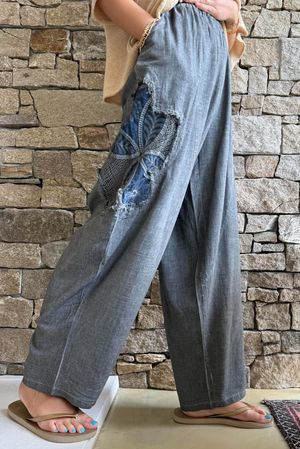 Lindin Linen Blend Crochet Flower Barrel Pant Washed Charcoal