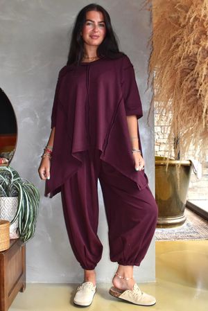 Lock Raw Seam Dip Side Short Sleeve Top Aubergine