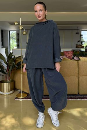 Made in Italy Bateau Needlecord Cowl Neck Top Charcoal 