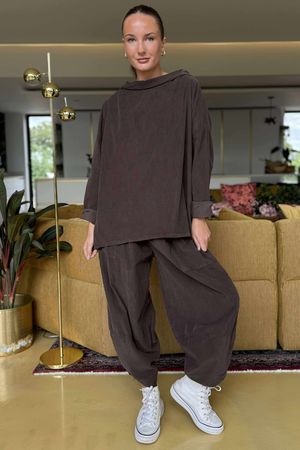 Made in Italy Bateau Needlecord Cowl Neck Top Chocolate 