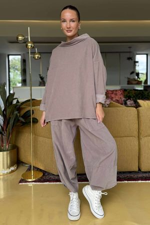 Made in Italy Bateau Needlecord Cowl Neck Top Mocha 