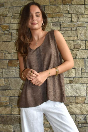  Benji Linen Panel Wave Vest Mocha 