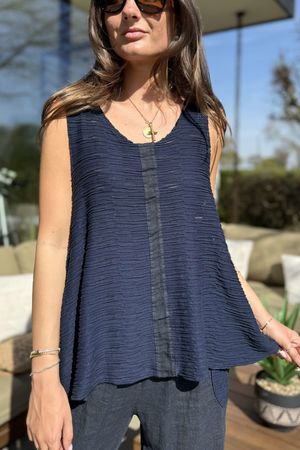 Made in Italy Benji Linen Panel Wave Vest Navy