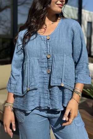 Made in Italy Benji Linen Wave Panel Jacket Denim