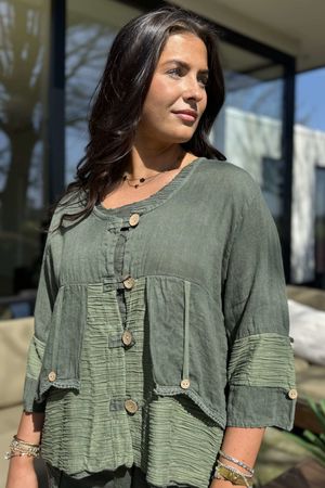 Made in Italy Benji Linen Wave Panel Jacket Khaki