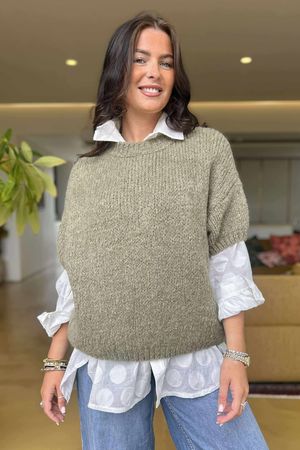 Made in Italy Big Softie Cap Sleeve Knit Top Soft Khaki -