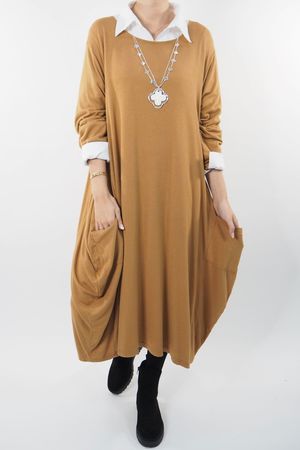 Made in Italy Chalet Classic Cocoon Knit Dress Camel Brown 
