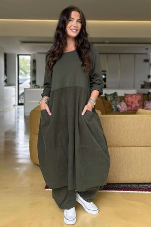 Made in Italy Cooper Needlecord Cocoon Dress Deep Moss