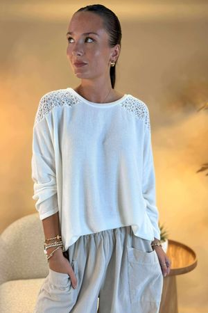 Made in Italy Fifi Lace Shoulder Fine Knit Top Ecru /5 =