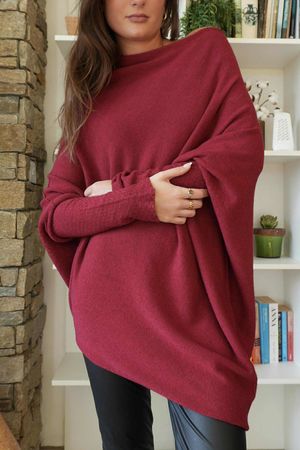 Huggle Asymmetric Draped Knit Jumper Burgundy 