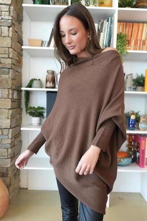Huggle Asymmetric Draped Knit Jumper Chocolate 