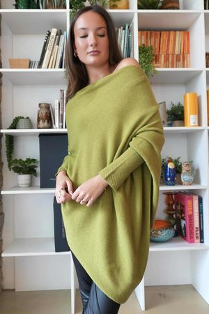 Huggle Asymmetric Draped Knit Jumper Moss