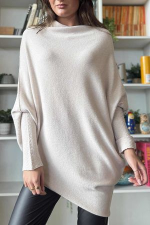 Huggle Asymmetric Draped Knit Jumper Stone