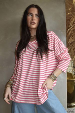  Perfect Breton V Long Sleeve Top Hot Pink 