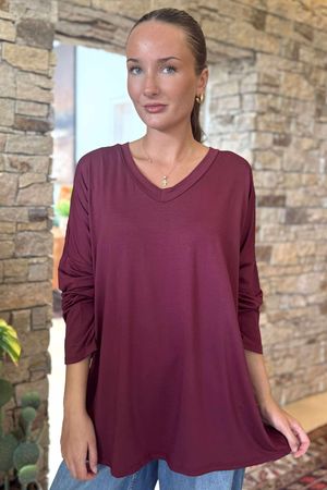 Made in Italy Perfect V Long Sleeve Top Burgundy