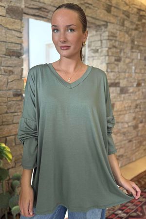 Made in Italy Perfect V Long Sleeve Top Khaki